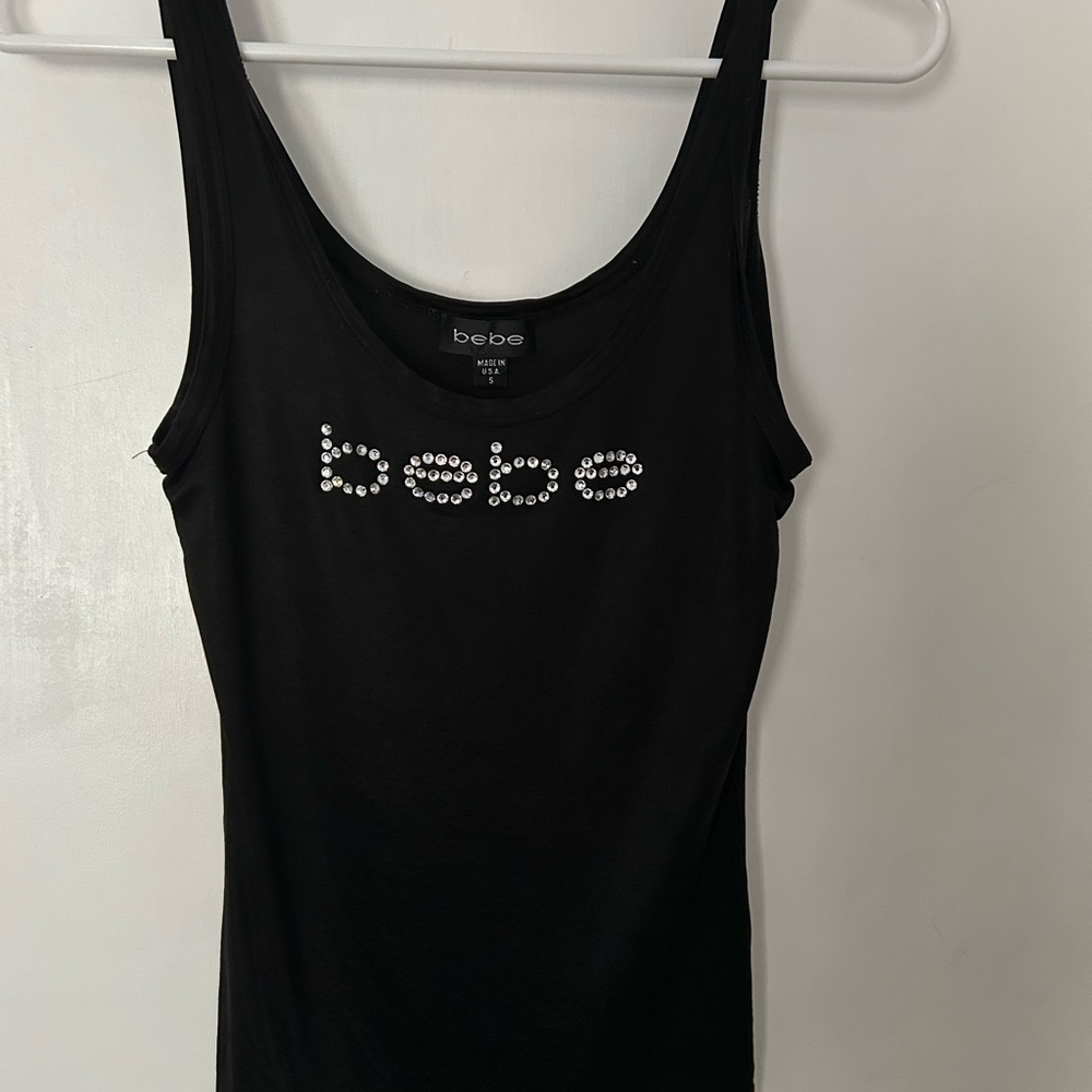 bebe Black Tank Top with Rhinestone Logo